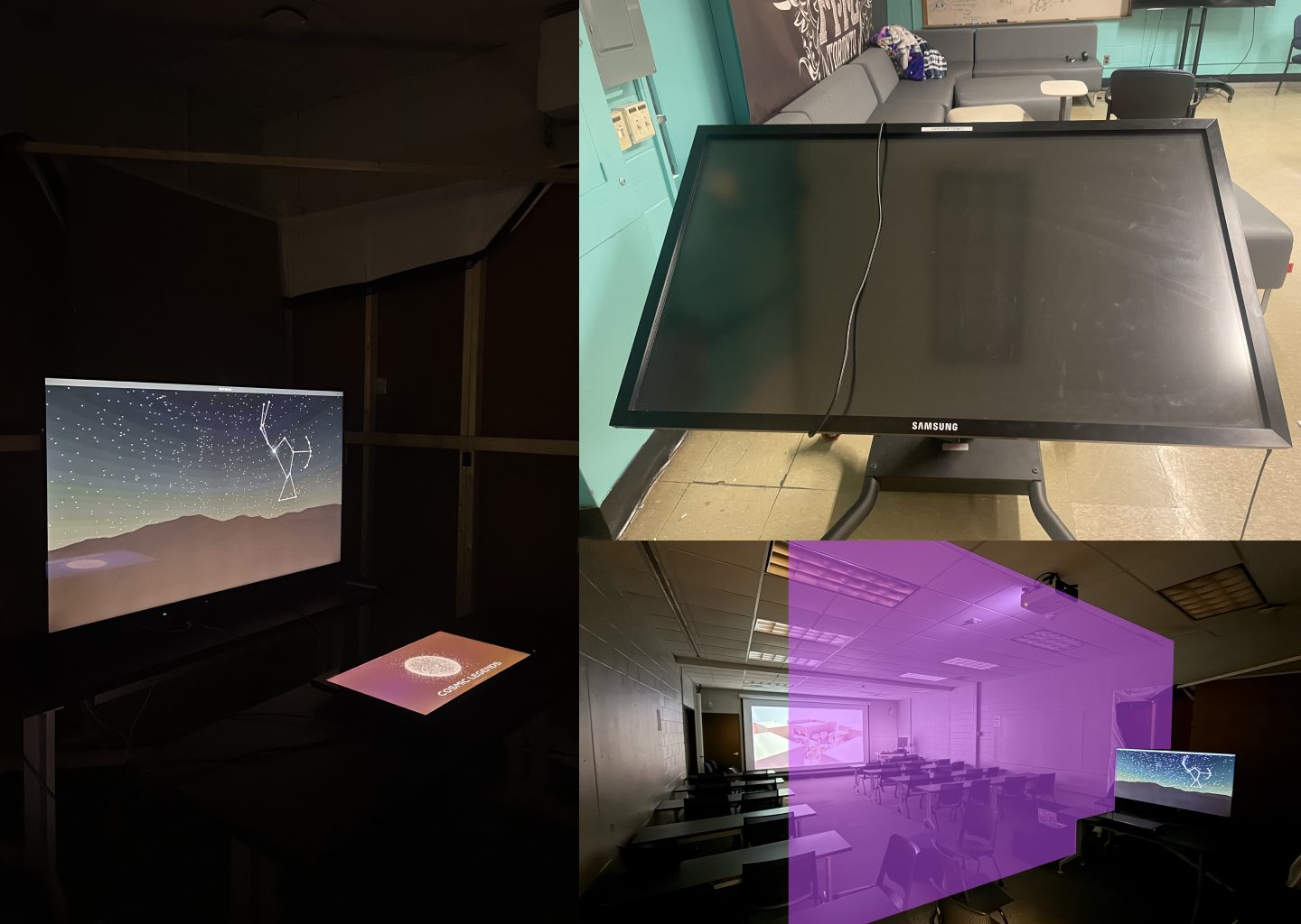 Setup photos: the kiosk running in a dark booth, the touch table, and the room layout plan