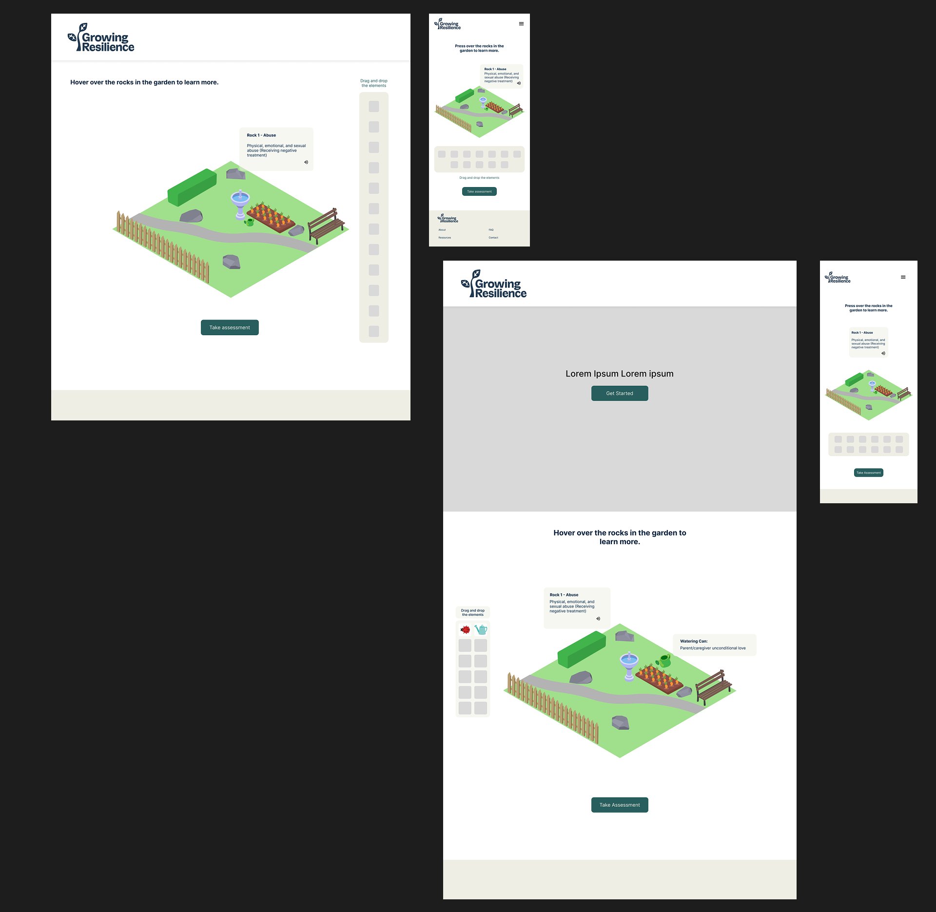 Wireframes testing inventory bar placements on desktop and mobile