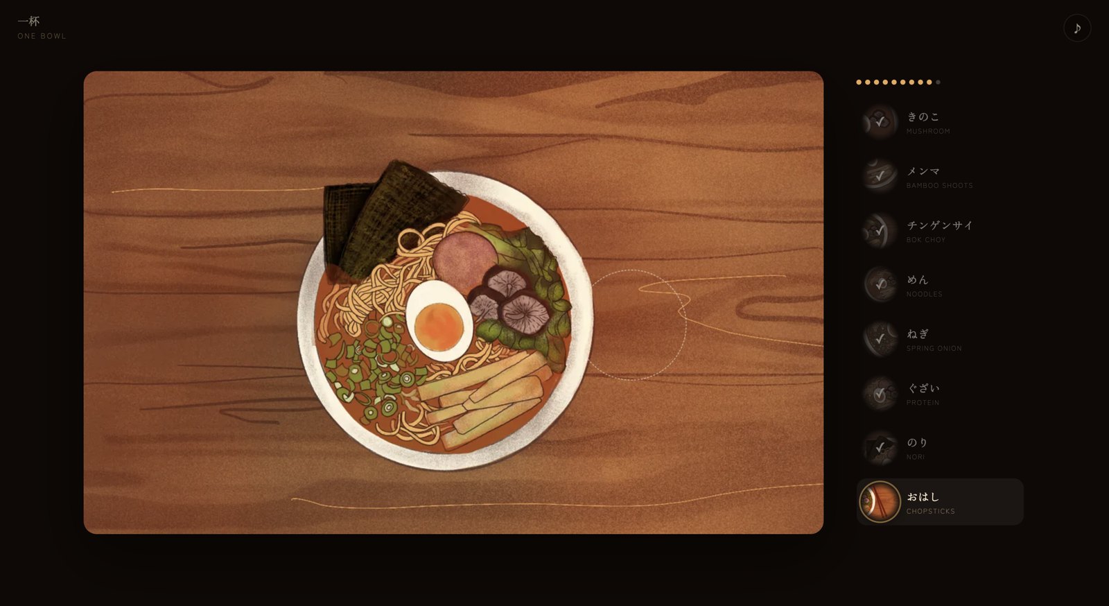 Nearly finished bowl of ramen with chopsticks waiting