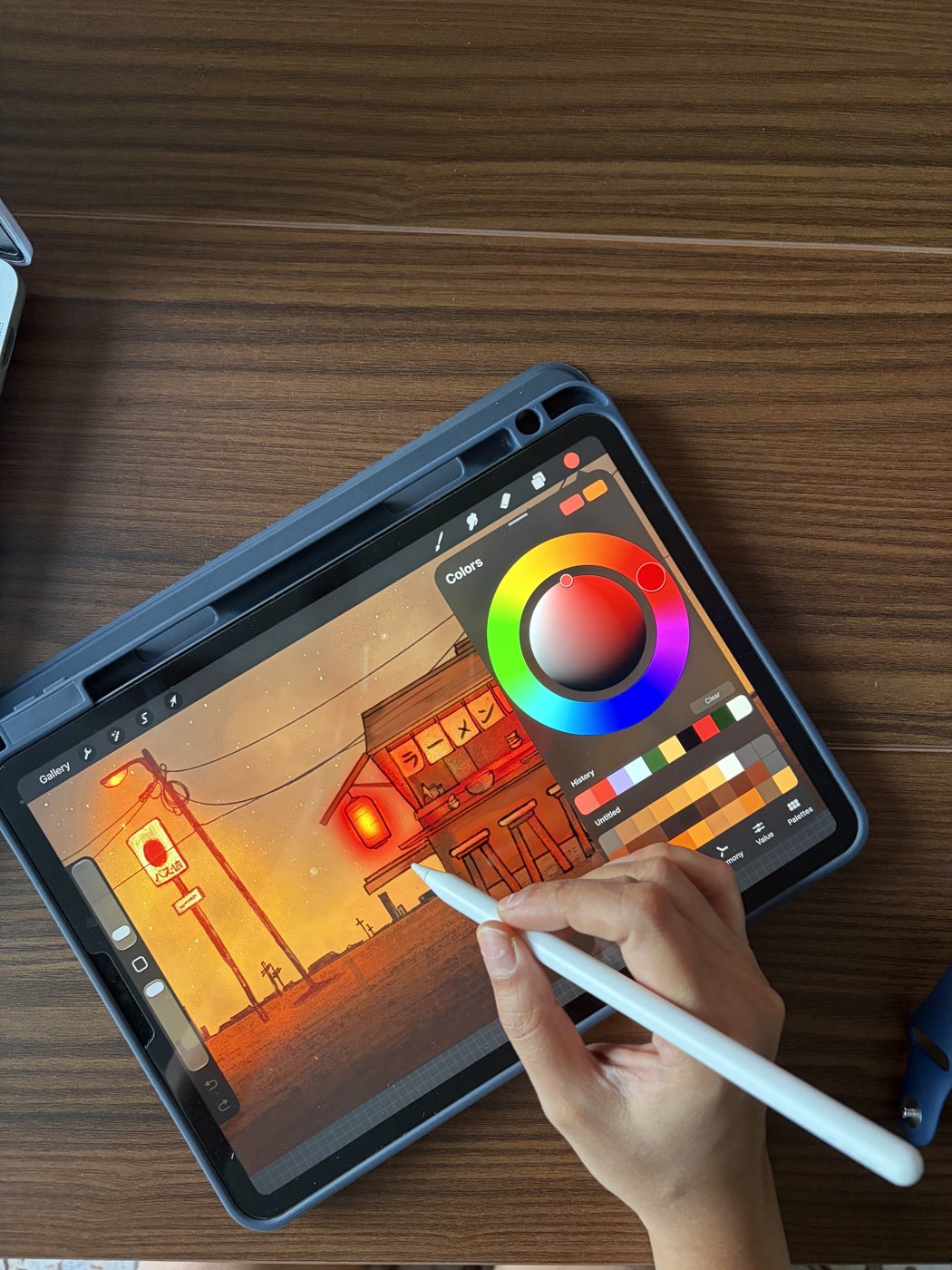 Painting the ramen stall scene in Procreate